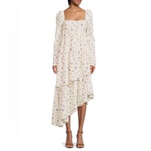 White & Blue Floral Asymmetric Tiered Dress with Square Neck